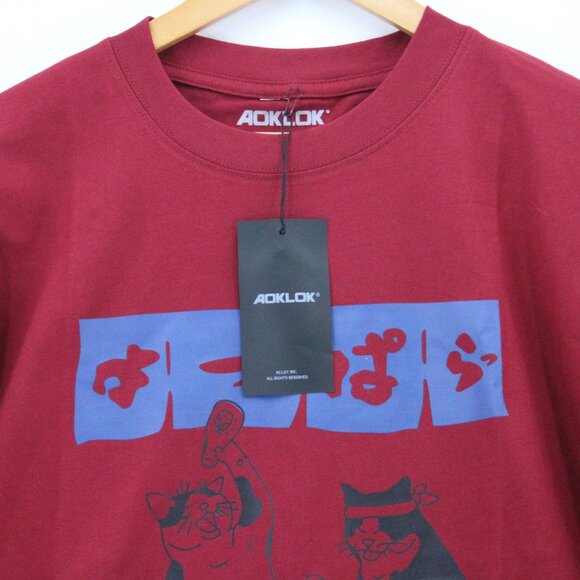 AOKLOK Shirt Mens Red Short Sleeve Japanese Cats Graphic Logo Cotton Small S NWT - Picture 5 of 9